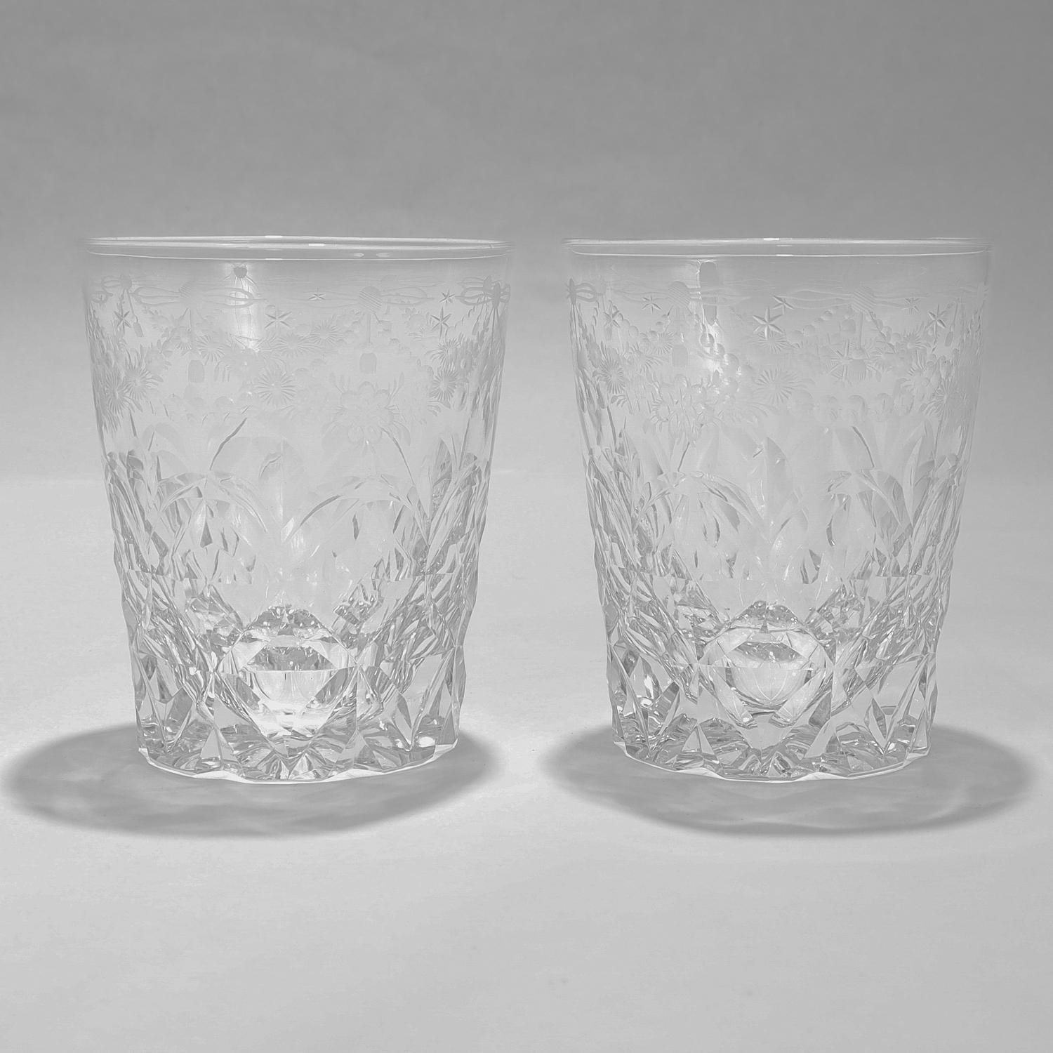 Unknown Matched Pair of Antique Etched & Cut Glass Whiskey Tumblers