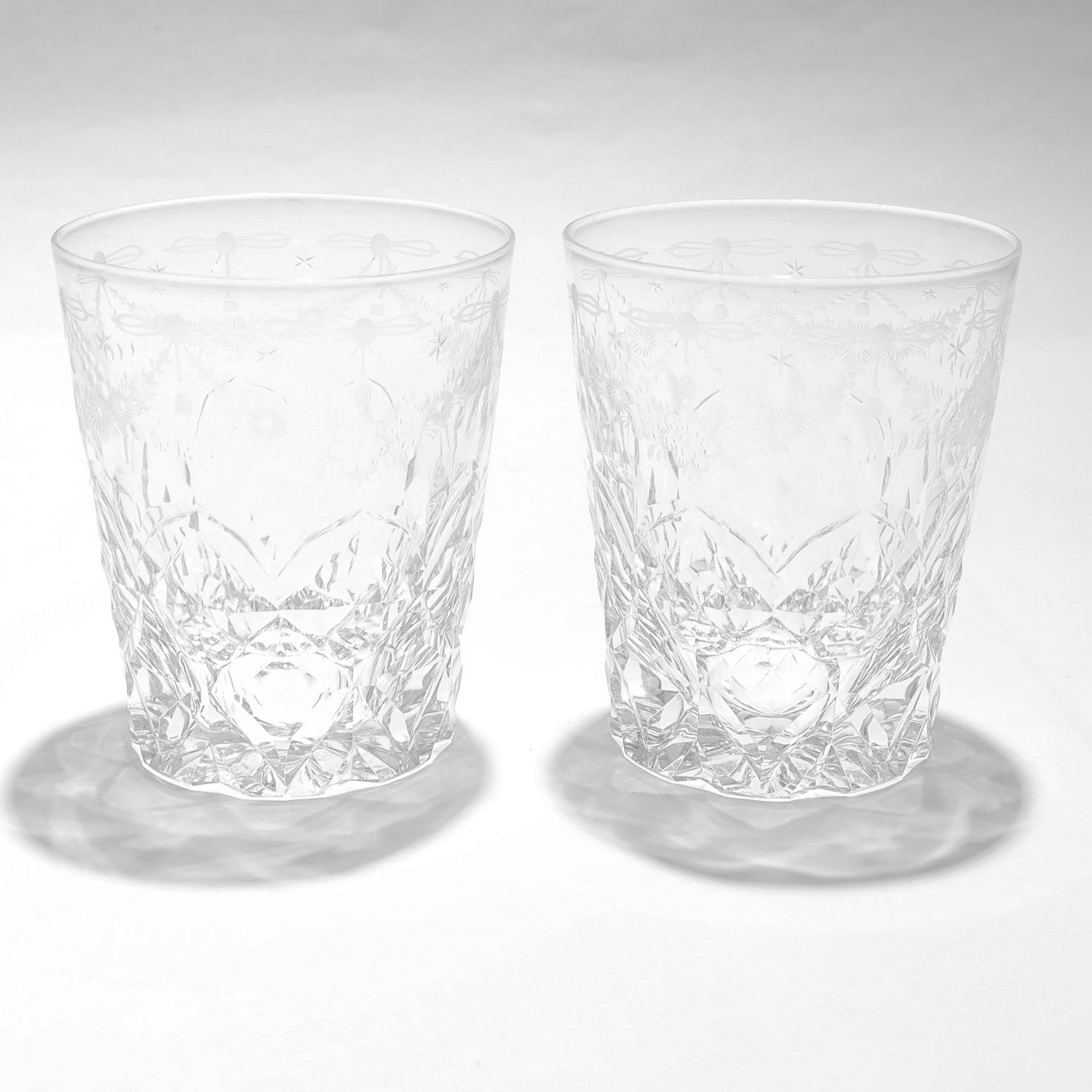 Matched Pair of Antique Etched & Cut Glass Whiskey Tumblers In Good Condition In Philadelphia, PA