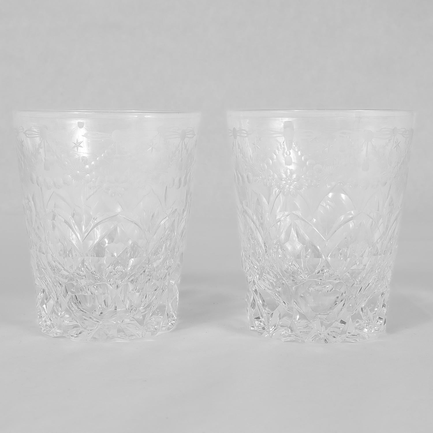 20th Century Matched Pair of Antique Etched & Cut Glass Whiskey Tumblers