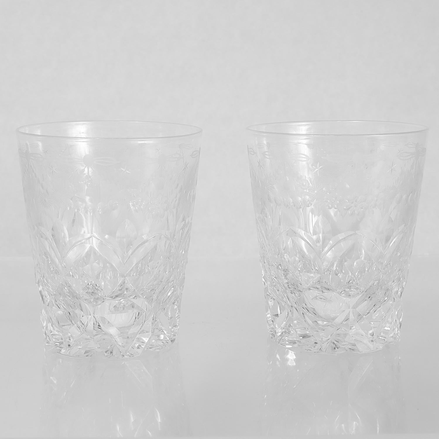 Matched Pair of Antique Etched & Cut Glass Whiskey Tumblers 1