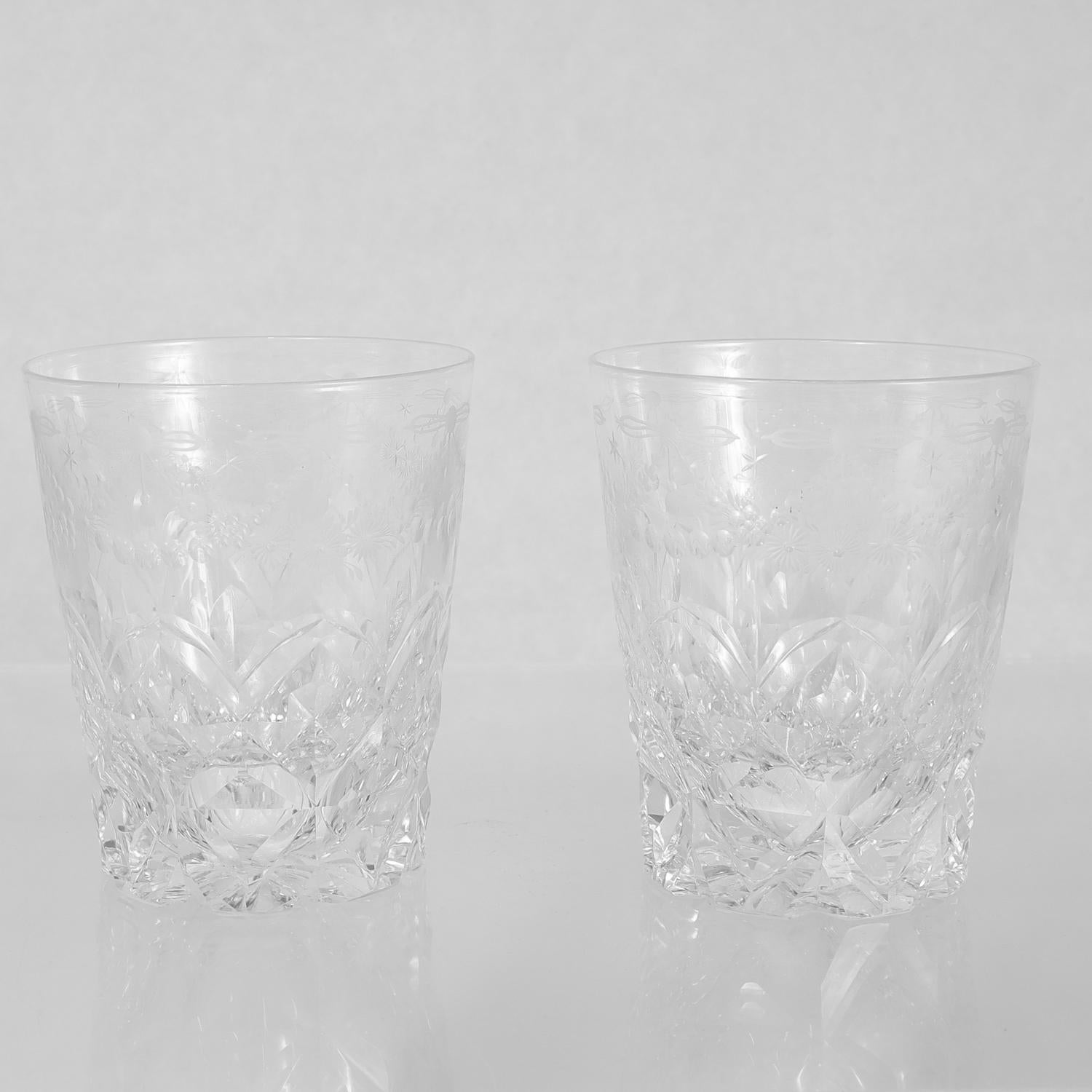 Matched Pair of Antique Etched & Cut Glass Whiskey Tumblers 2