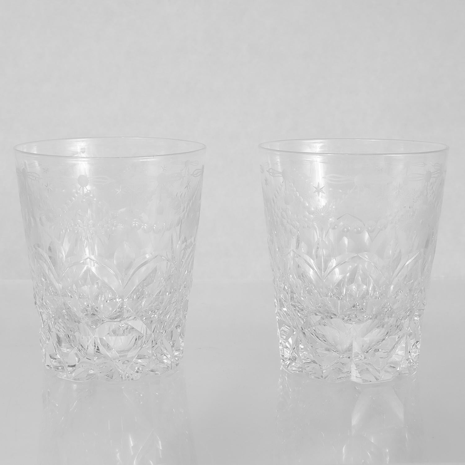 Matched Pair of Antique Etched & Cut Glass Whiskey Tumblers 3