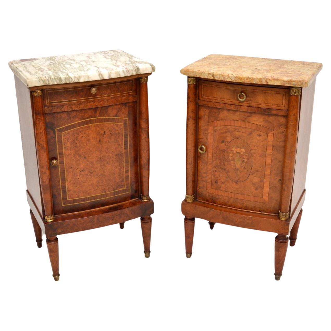 Matched Pair of Antique French Marble Top Bedside Cabinets For Sale