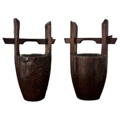 Matched Pair of Antique Japanese Wooden Ikebana Vases