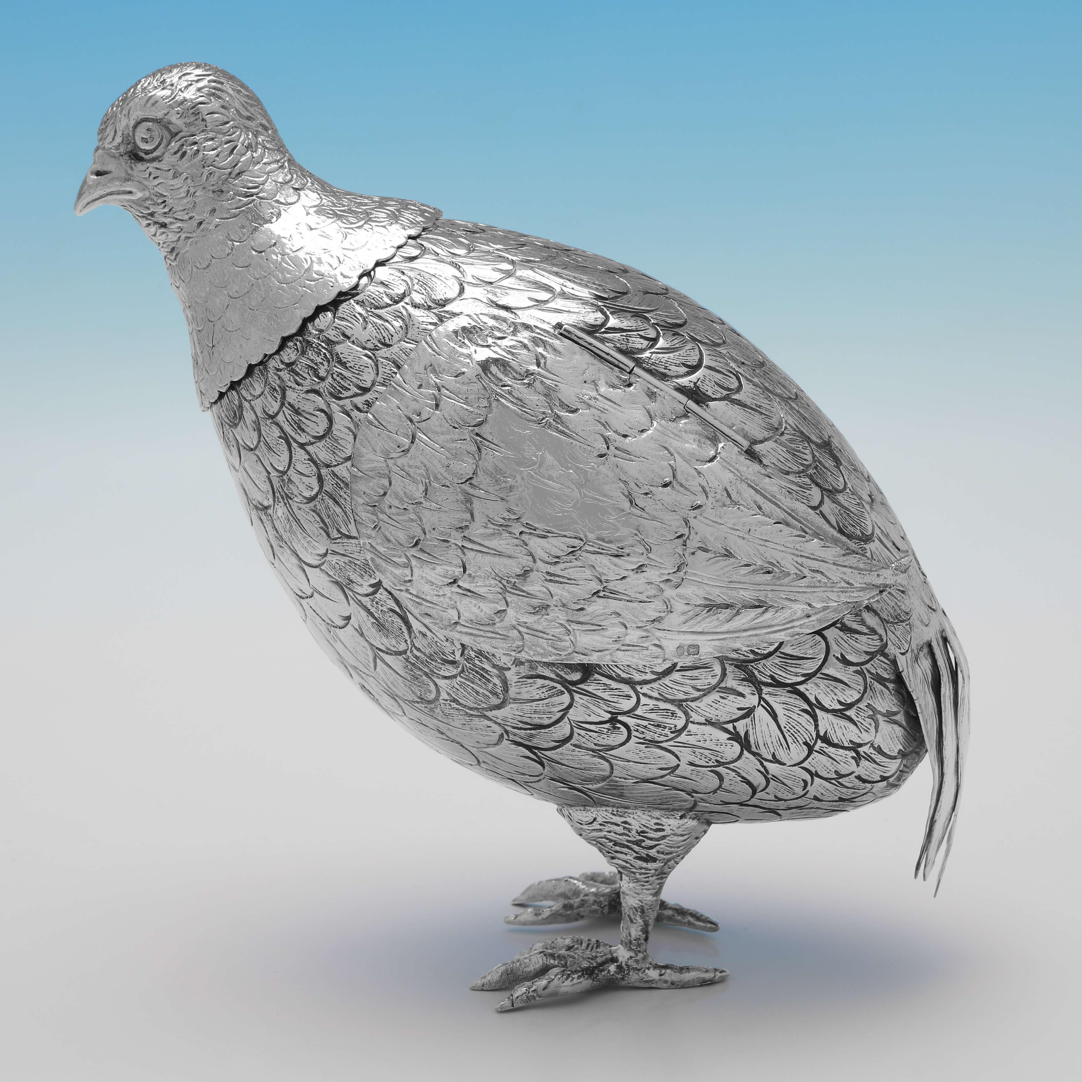 English Matched Pair of Antique Sterling Silver Models of Partridges, 1897 & 1925 For Sale