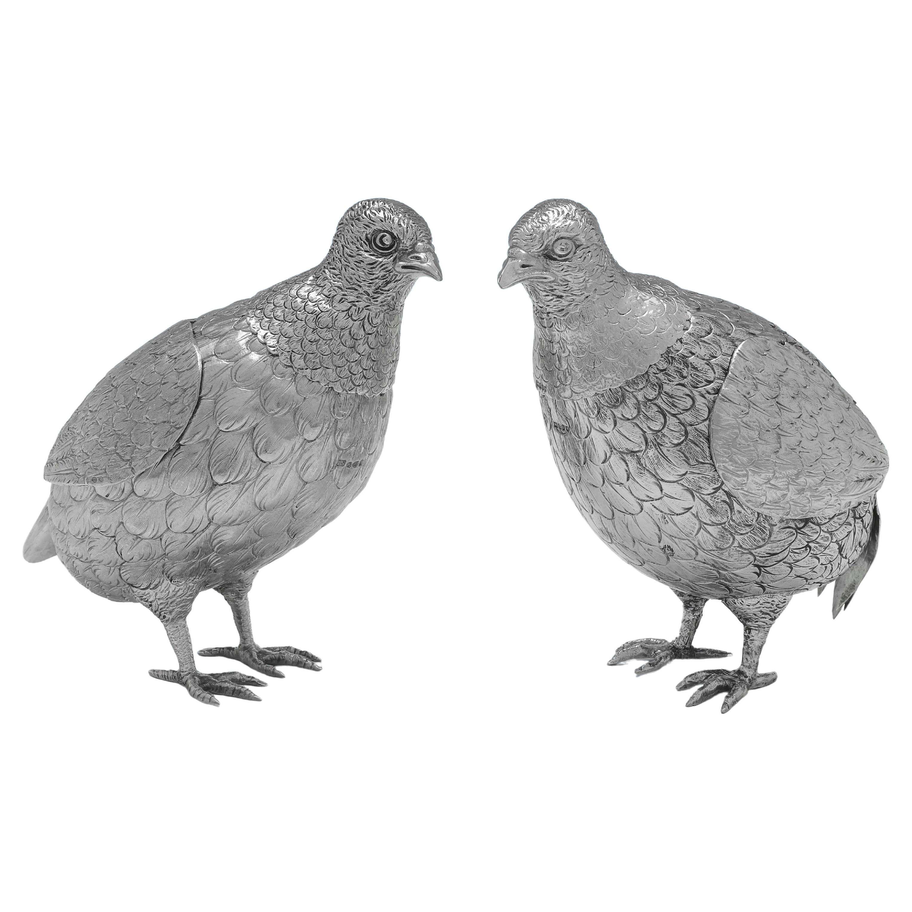 Matched Pair of Antique Sterling Silver Models of Partridges, 1897 & 1925 For Sale
