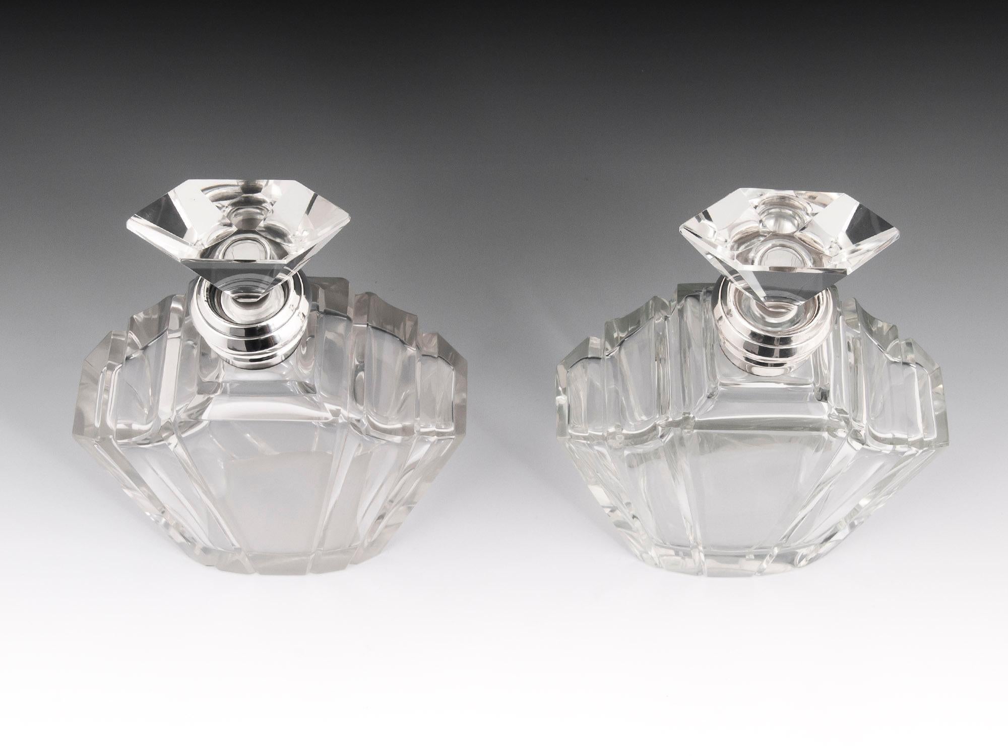 British Matched Pair of Art Deco Silver Decanters