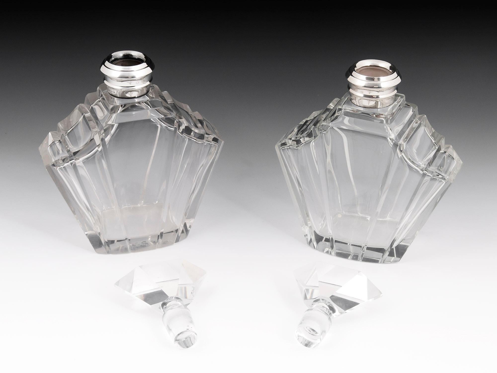 Sterling Silver Matched Pair of Art Deco Silver Decanters