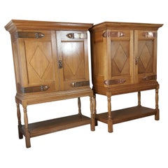 Antique Matched pair of Arts & Crafts oak cabinets with copper strap hinges