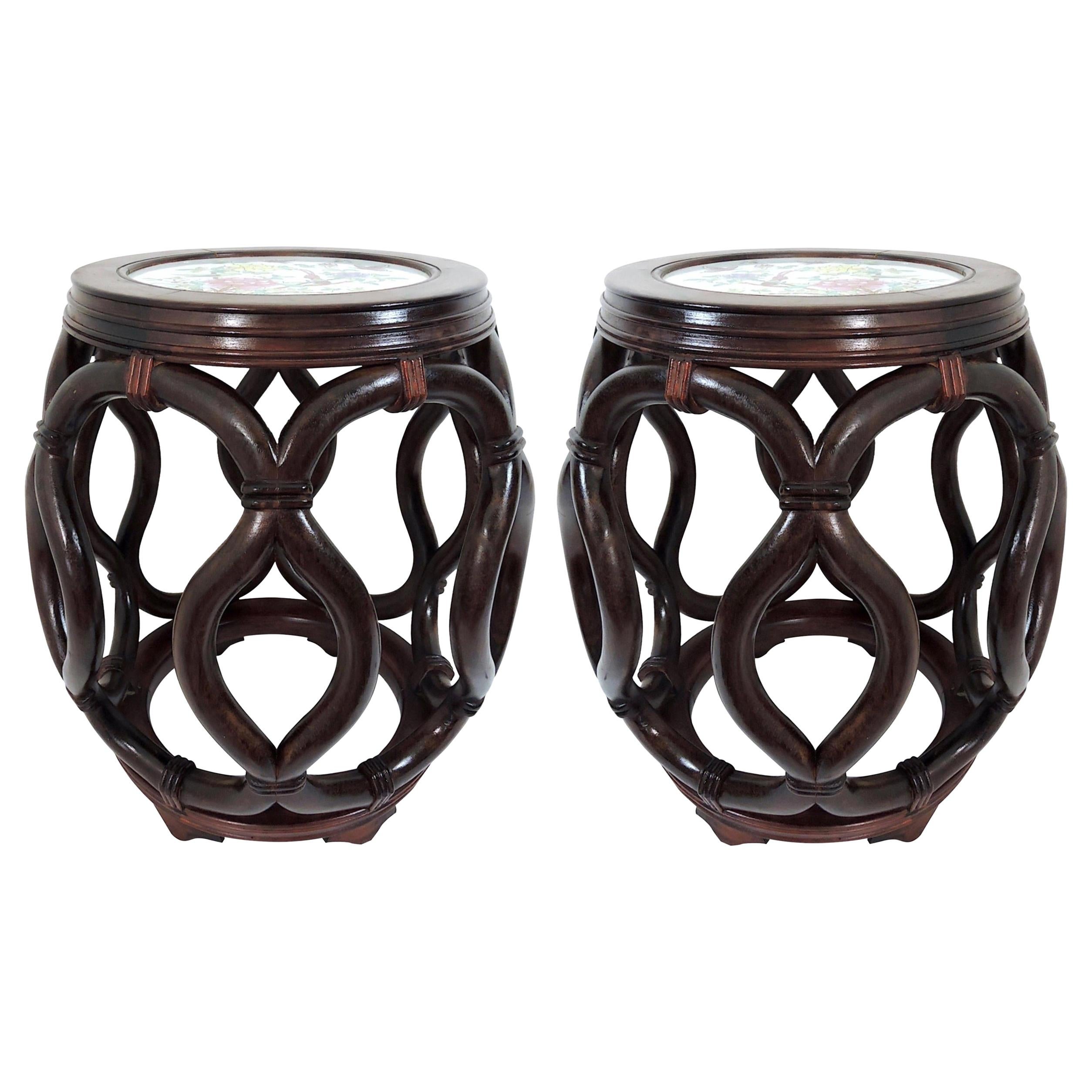 Matched Pair of Asian Rosewood Porcelain Top Garden Seats by George Zee