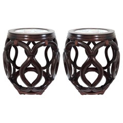 Matched Pair of Asian Rosewood Porcelain Top Garden Seats by George Zee