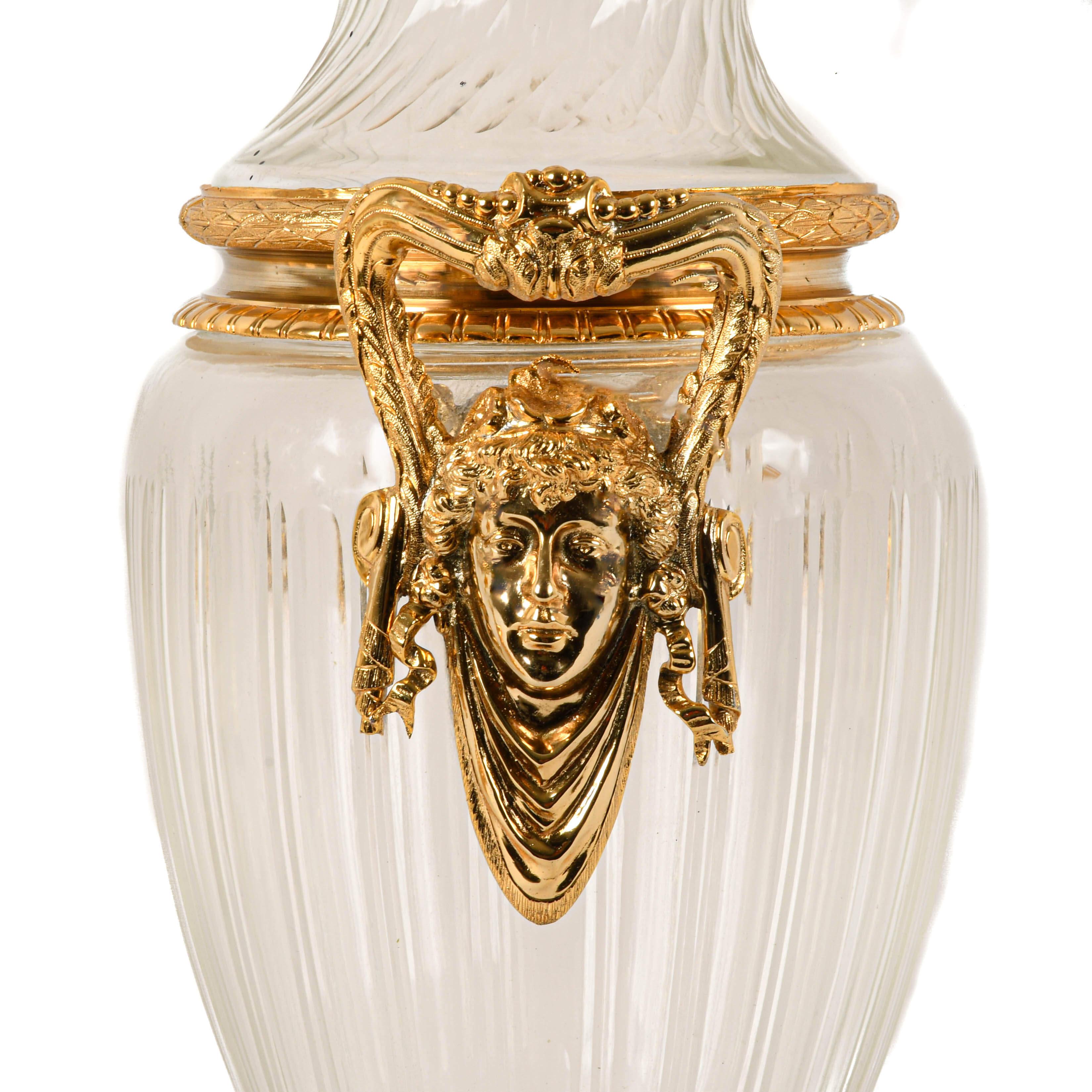 Unknown Matched Pair of Baccarat-Style Gilt Bronze and Crystal Urns For Sale