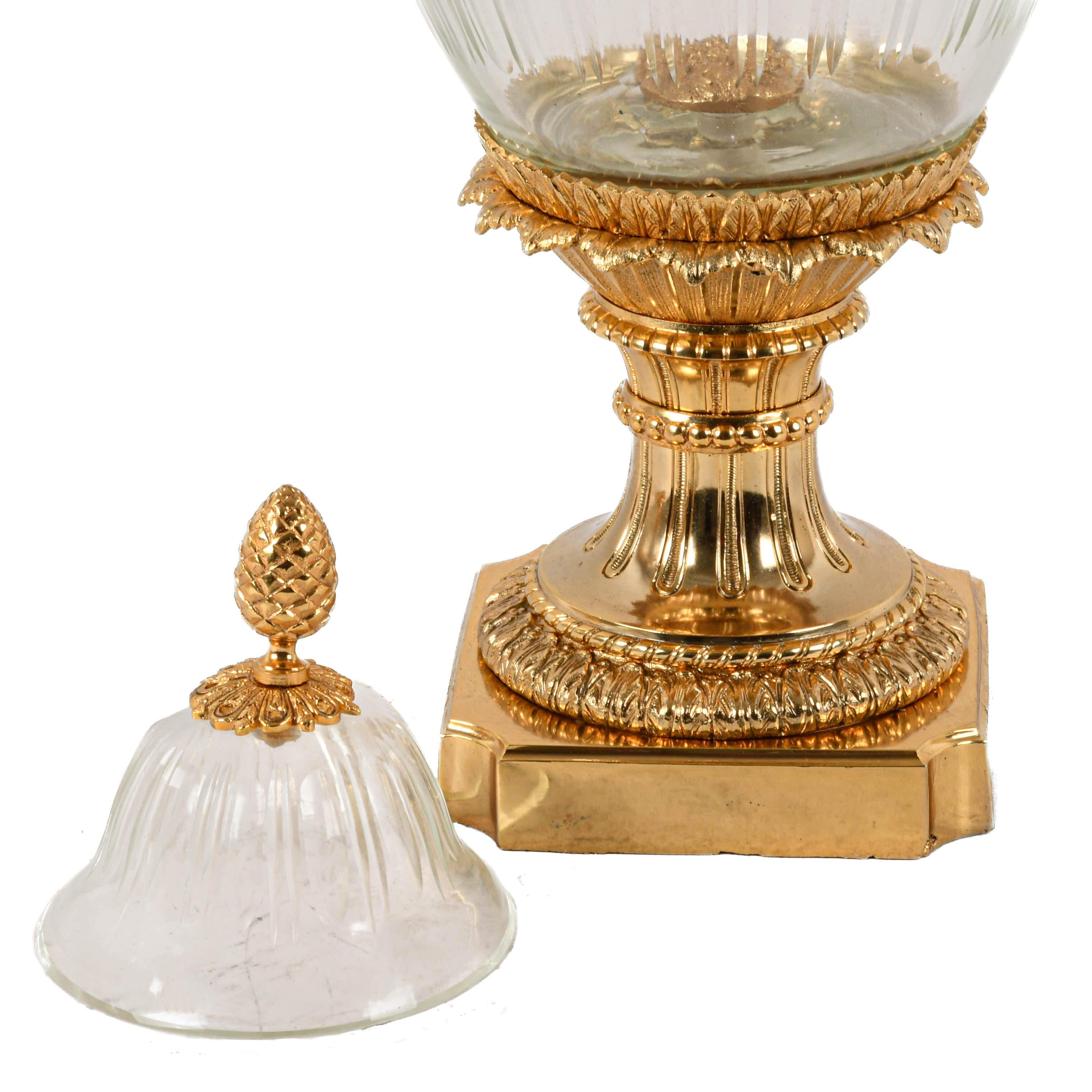 Matched Pair of Baccarat-Style Gilt Bronze and Crystal Urns In Good Condition For Sale In MC Leansville, NC