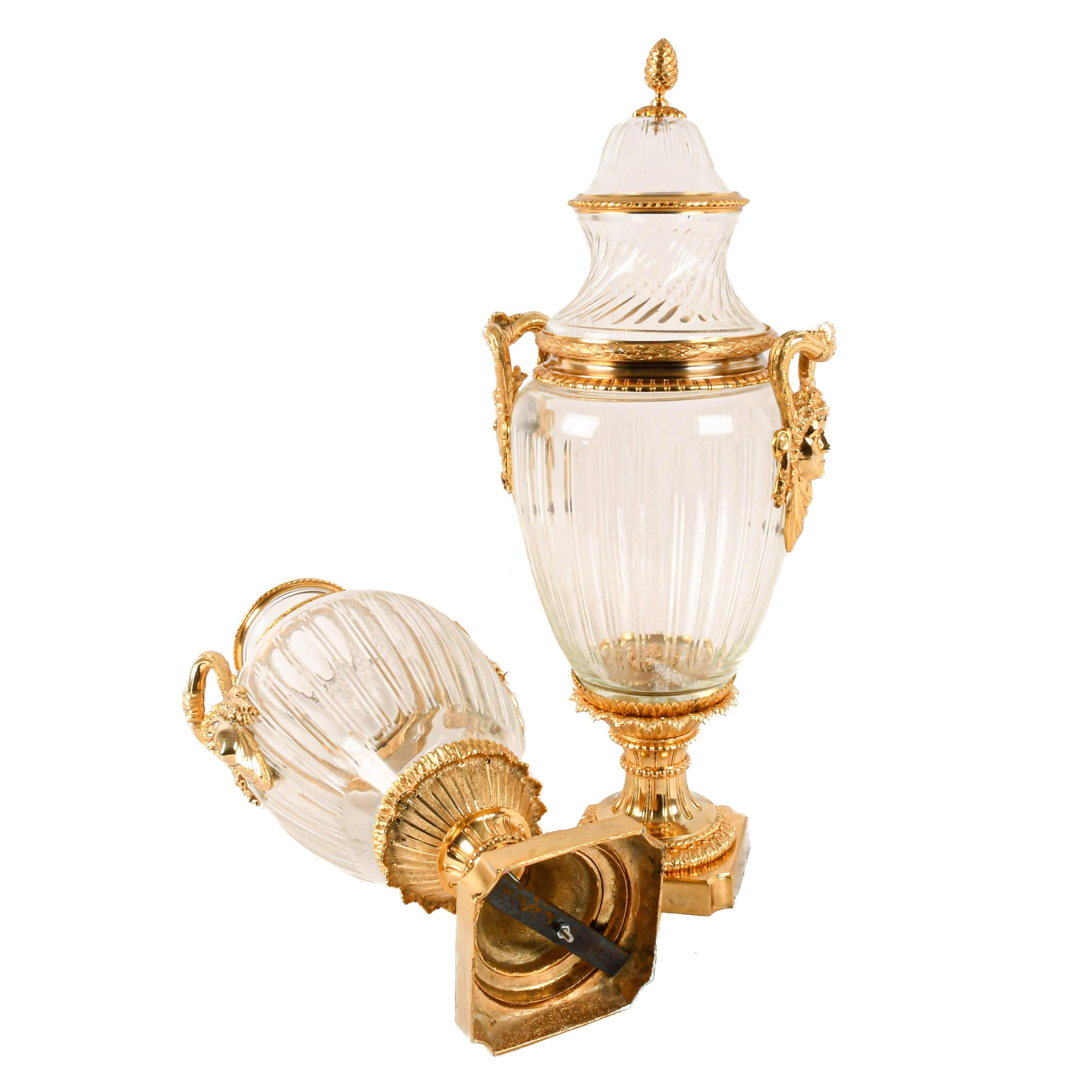 20th Century Matched Pair of Baccarat-Style Gilt Bronze and Crystal Urns For Sale