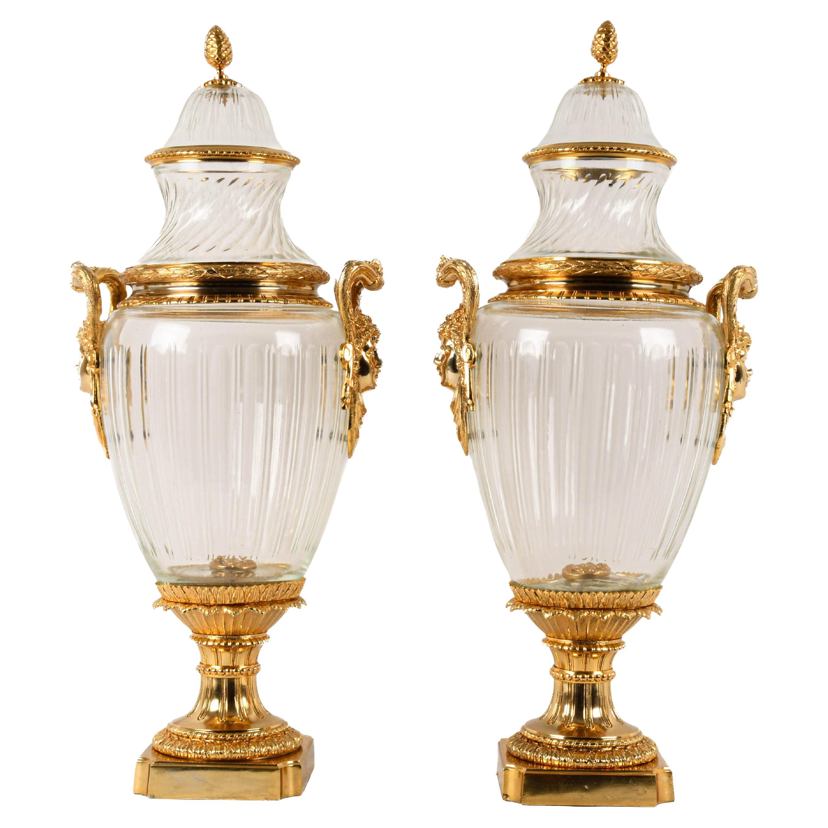 Matched Pair of Baccarat-Style Gilt Bronze and Crystal Urns