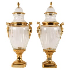 Matched Pair of Baccarat-Style Gilt Bronze and Crystal Urns