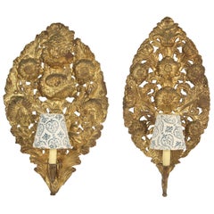 Matched Pair of Brass Repousse Single Light Wall Sconces