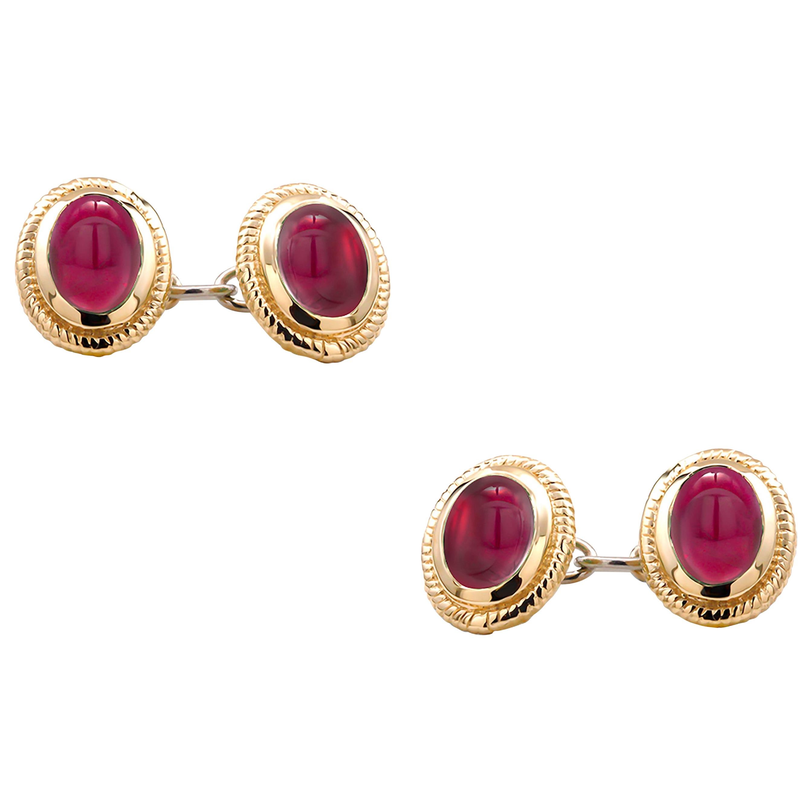 Matched Pair of Cabochon Ruby Double Sides Chain Link Cufflinks