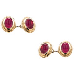 Matched Pair of Cabochon Ruby Double Sides Chain Link Cufflinks