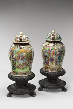 Matched pair of Cantonese enameled porcelain standing jars