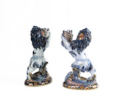 Paar aufeinander abgestimmte Keramik-Kerzenhalter, Löwen von Emile Gallé, 19.