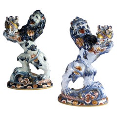 Pair of Ceramic Candle Holders, Lions By Emile Gallé, 19th Century