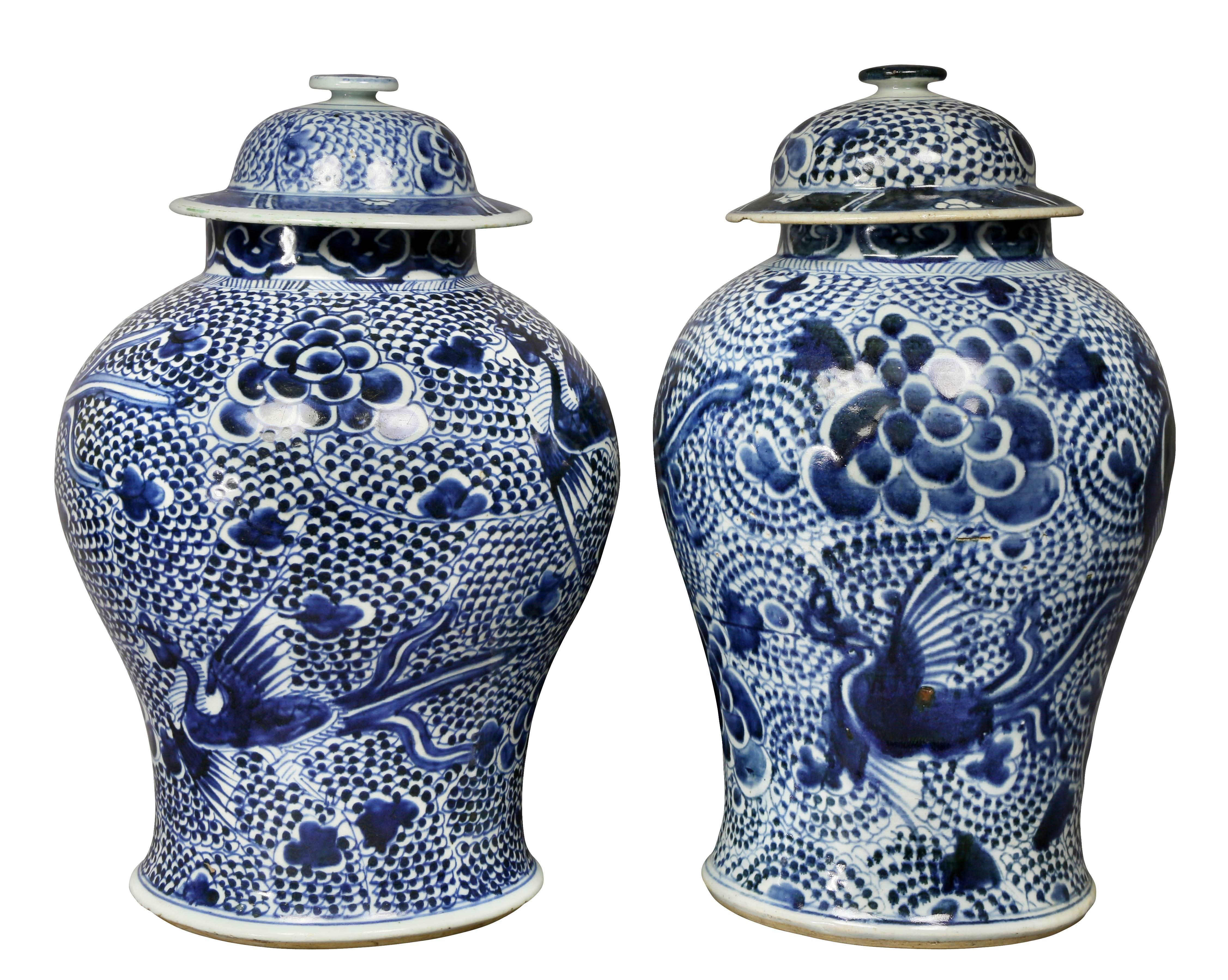Matched Pair of Chinese Blue and White Covered Jars 2