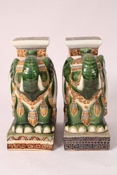 Matched Pair of Chinese Polychrome Decorated Stoneware Elephant Garden Seats