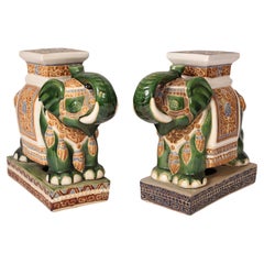 Matched Pair of Chinese Polychrome Decorated Stoneware Elephant Garden Seats