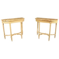 Matched Pair of Creme Maison Jansen Carved Marble Top Demilune Console Tables