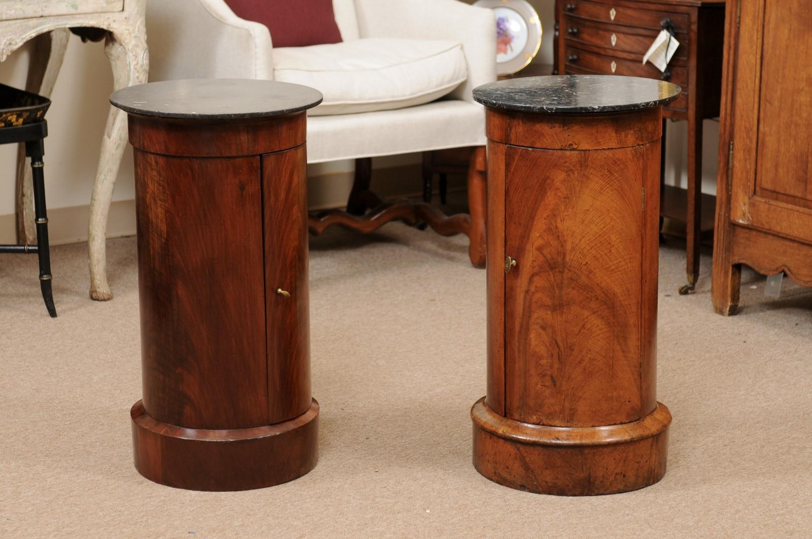 Matched Pair of Cylindrical Cabinets in Mahogany with Black Marble Tops In Good Condition In Atlanta, GA