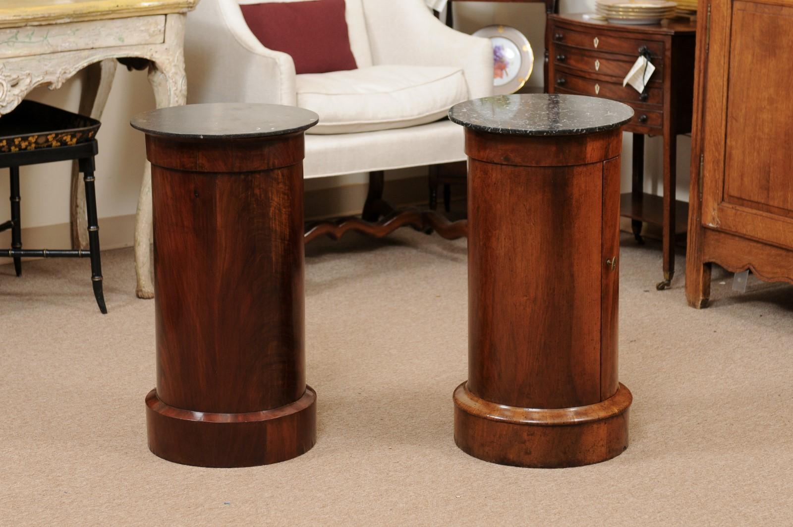 19th Century Matched Pair of Cylindrical Cabinets in Mahogany with Black Marble Tops