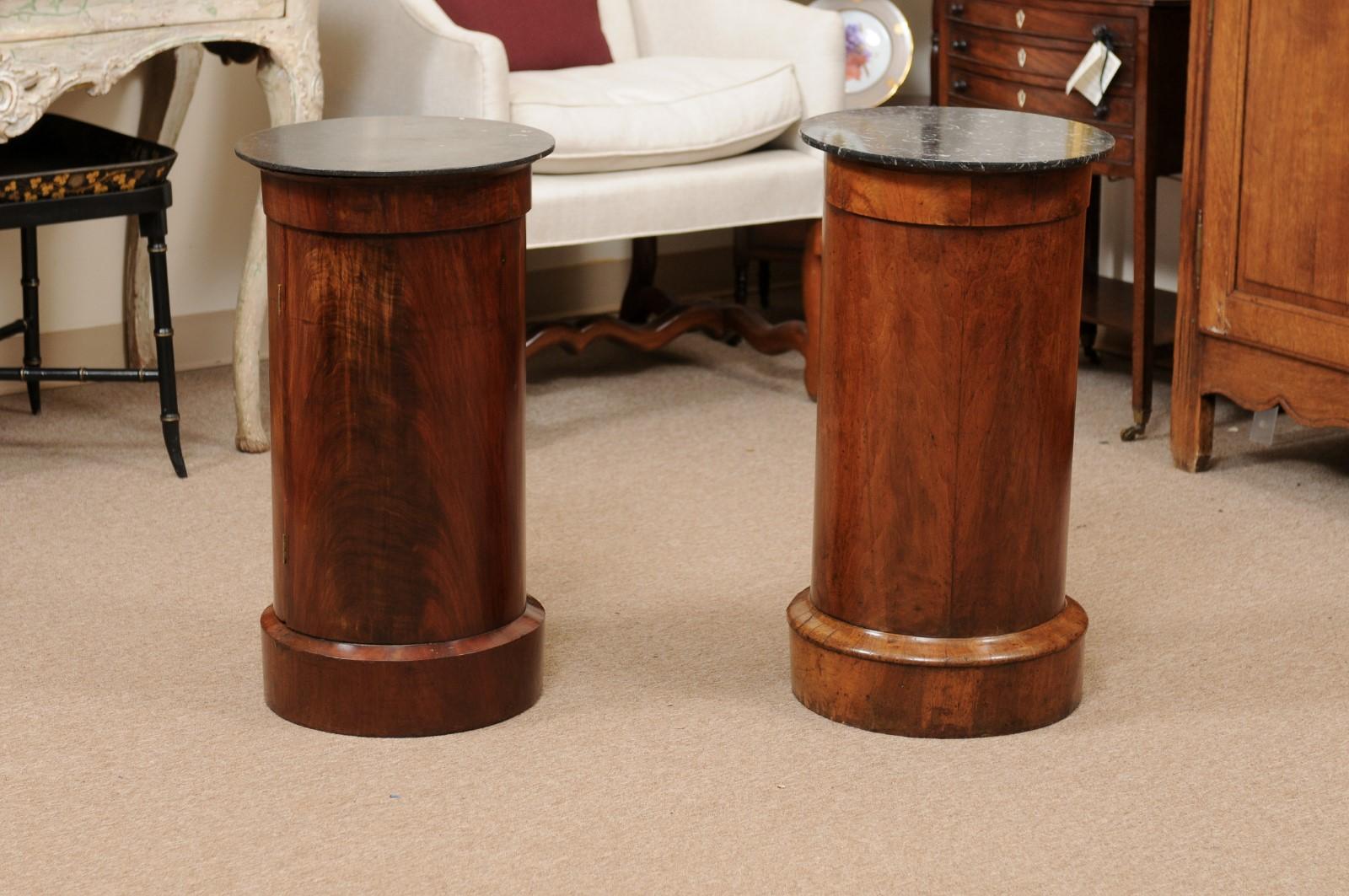Matched Pair of Cylindrical Cabinets in Mahogany with Black Marble Tops 1