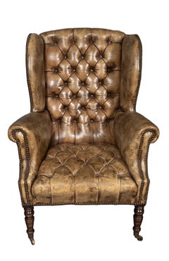 Matched Pair Of English Tufted Leather Wing Back Chairs