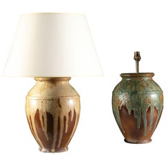 Matched Pair of French Drip Glaze Vases of Large Scale, as Table Lamps