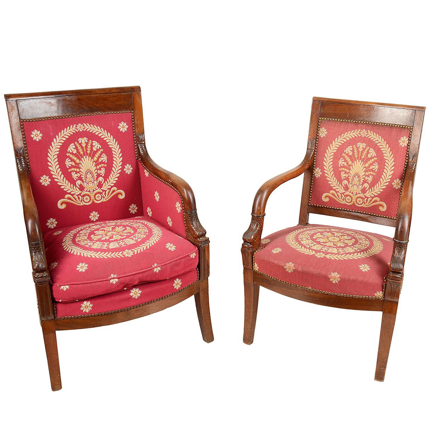Matched Pair of French Empire Armchairs, 19th Century For Sale