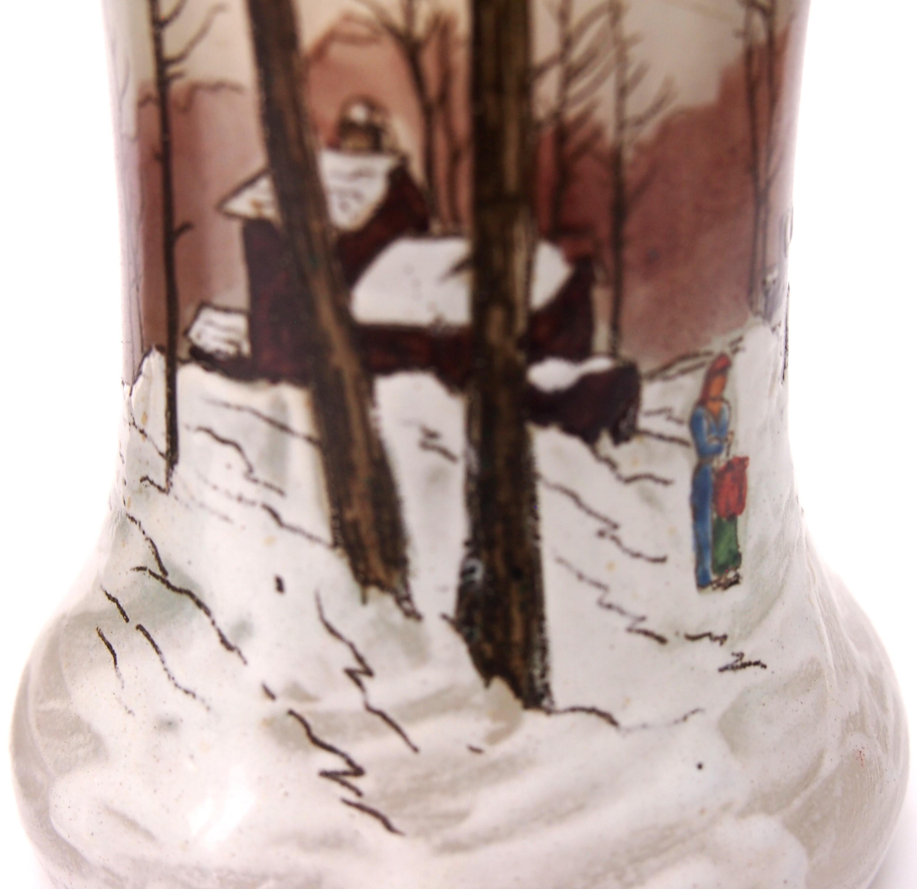 Vetro artistico Coppia di vasi smaltati con paesaggio invernale in vetro francese Legras del 1900 ca. in vendita