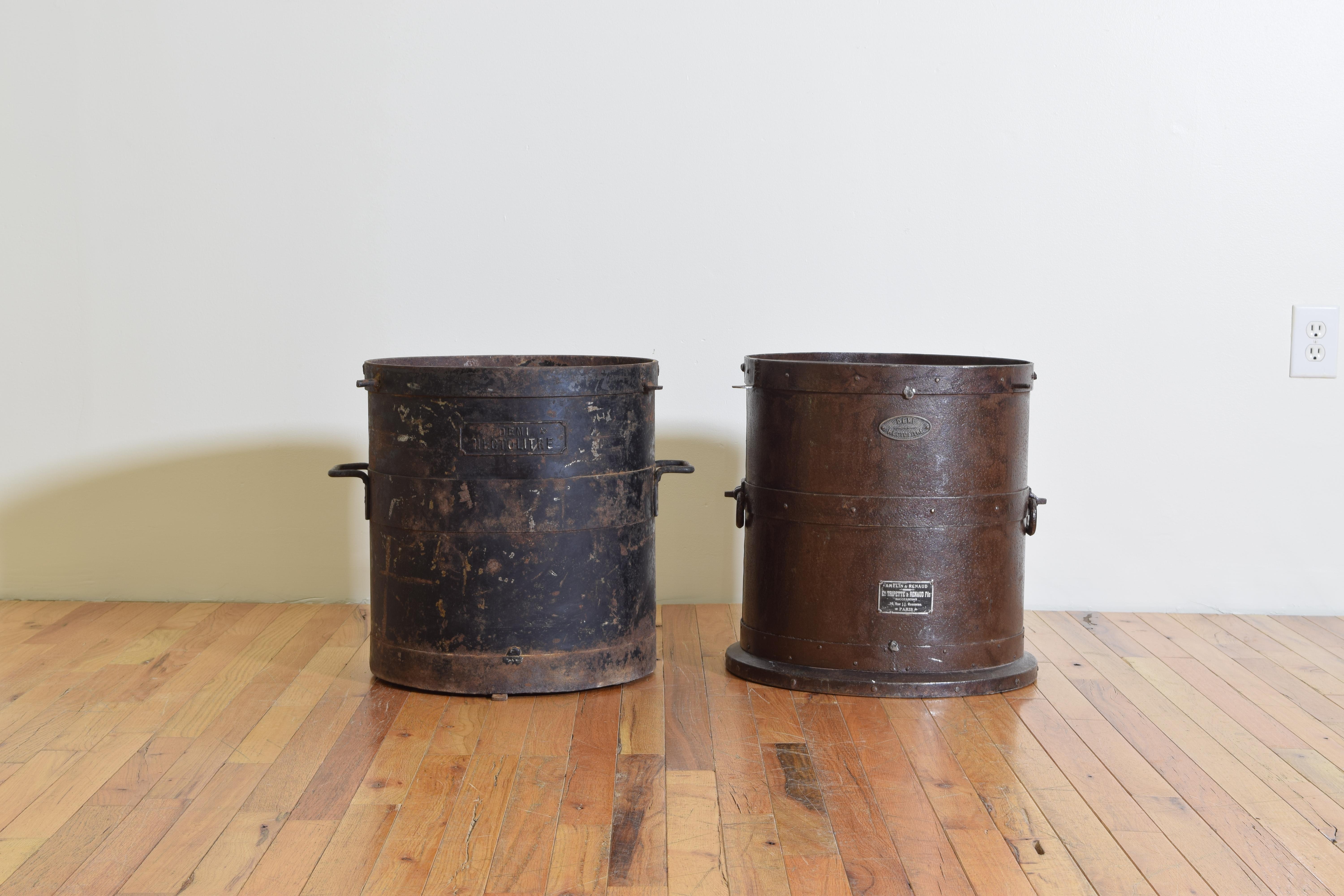 Matched Pair of French Patinated and Steel Grain Measures, Demi-Hecto Litre  In Good Condition In Atlanta, GA