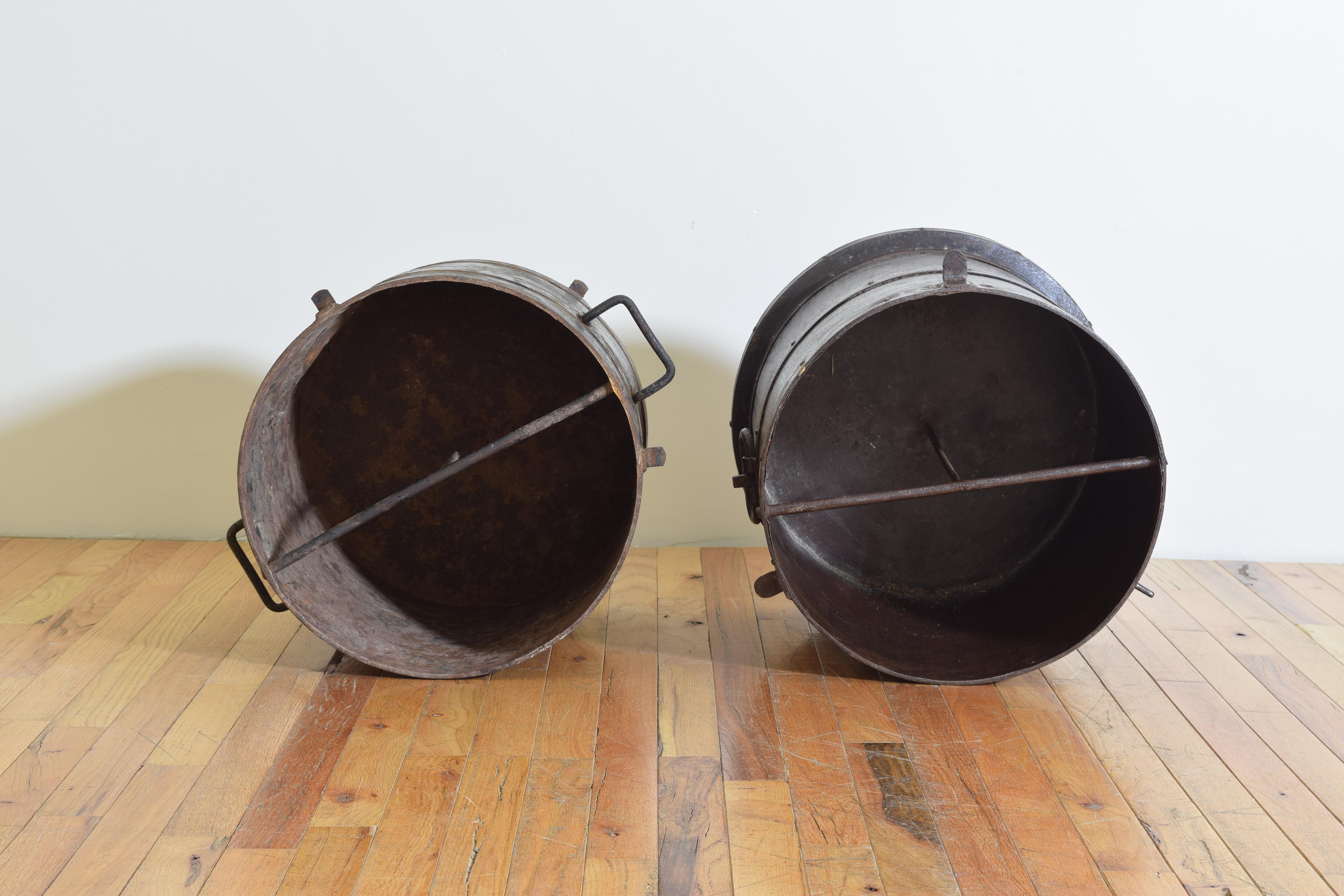 Late 19th Century Matched Pair of French Patinated and Steel Grain Measures, Demi-Hecto Litre 