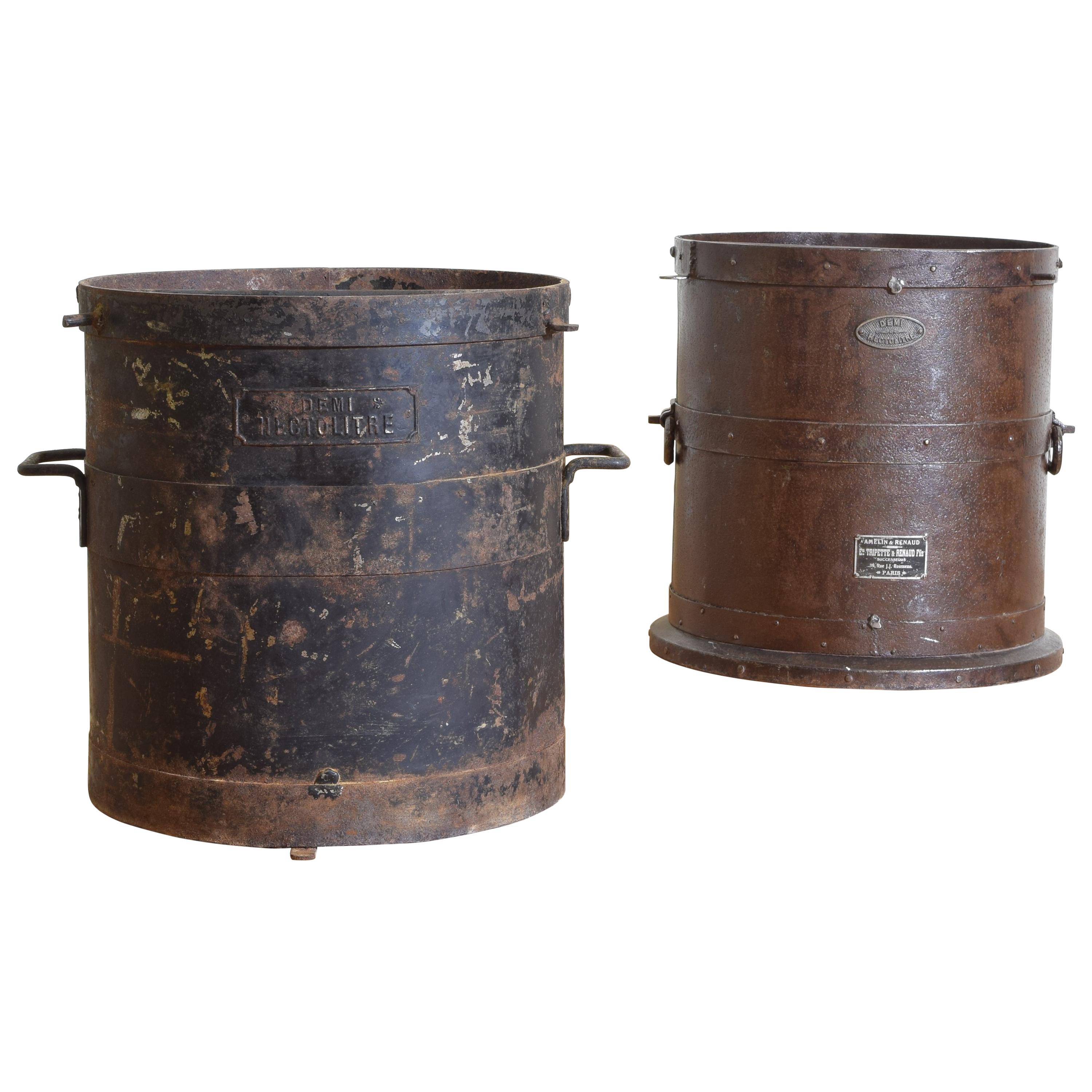 Matched Pair of French Patinated and Steel Grain Measures, Demi-Hecto Litre 