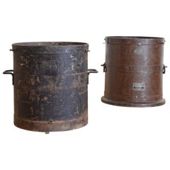 Matched Pair of French Patinated and Steel Grain Measures, Demi-Hecto Litre Matched Pair of French Patinated and Steel Grain Measures, Demi-Hecto Litre