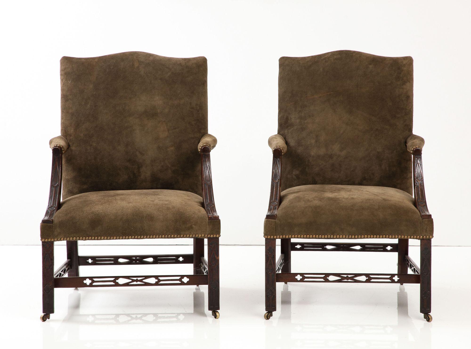 Carved Matched Pair of George III Gainsborough Chairs For Sale