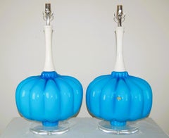 Matched Pair of Huge Vintage Murano ‘Pomodoro’ Lamps in Cerulean Blue