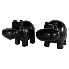 Matched Pair of Italian Marmo Negro Marble Hippos