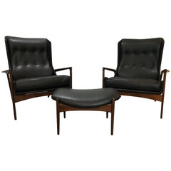 Matched Pair of Kofod Larsen Leather Wingback Chairs and Ottoman