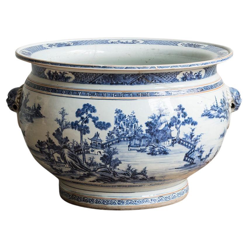 Matched Pair of Large Blue & White Chinese Fish Bowls or Jardinieres, 18th Cen