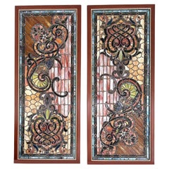 Matched Pair of Large Lighted Stained Glass Windows, 98 Inches.