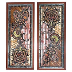 Vintage Matched Pair of Large Lighted Stained Glass Windows, 98 Inches.