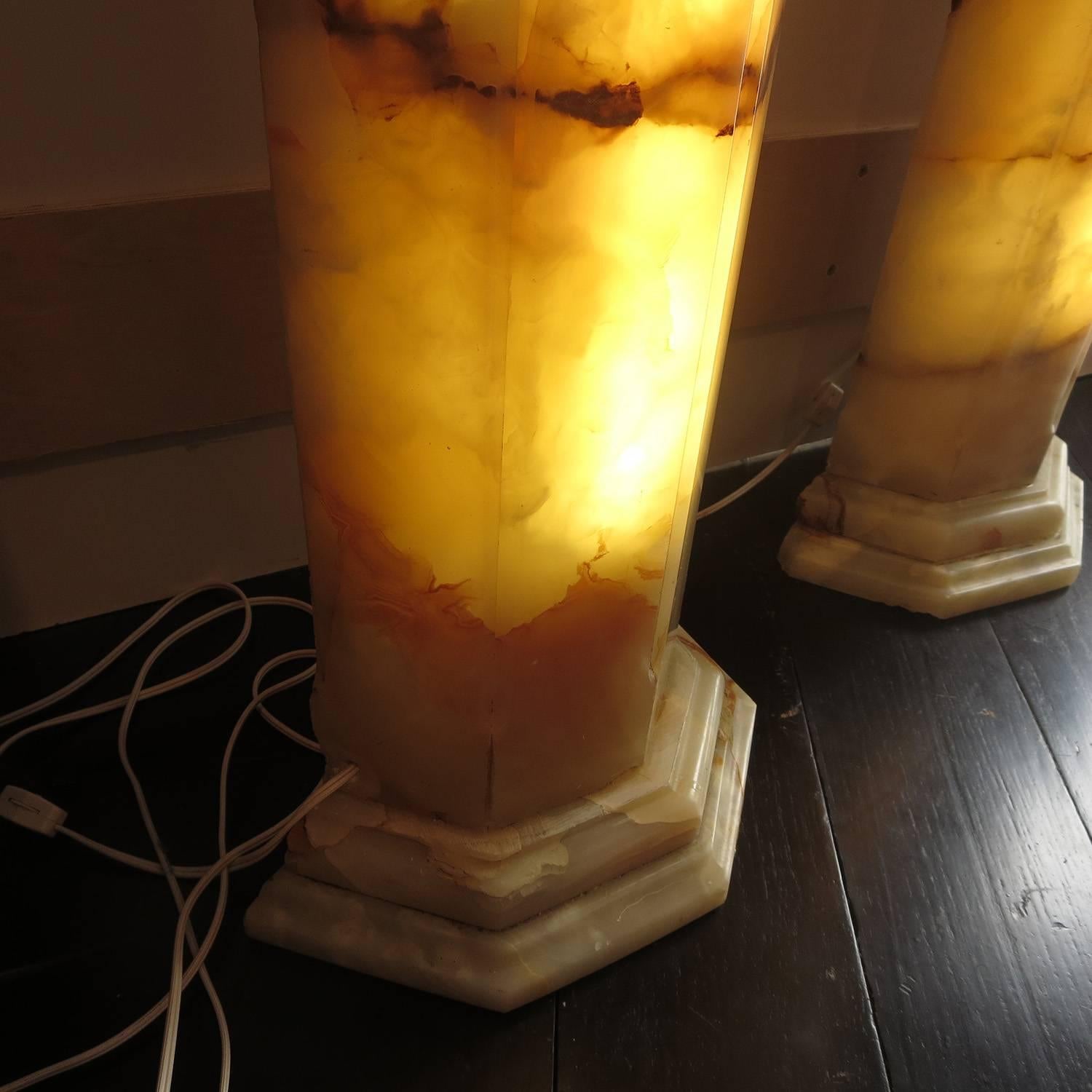 Mid-Century Modern Matched Pair of Lighted Onyx Column Lamps
