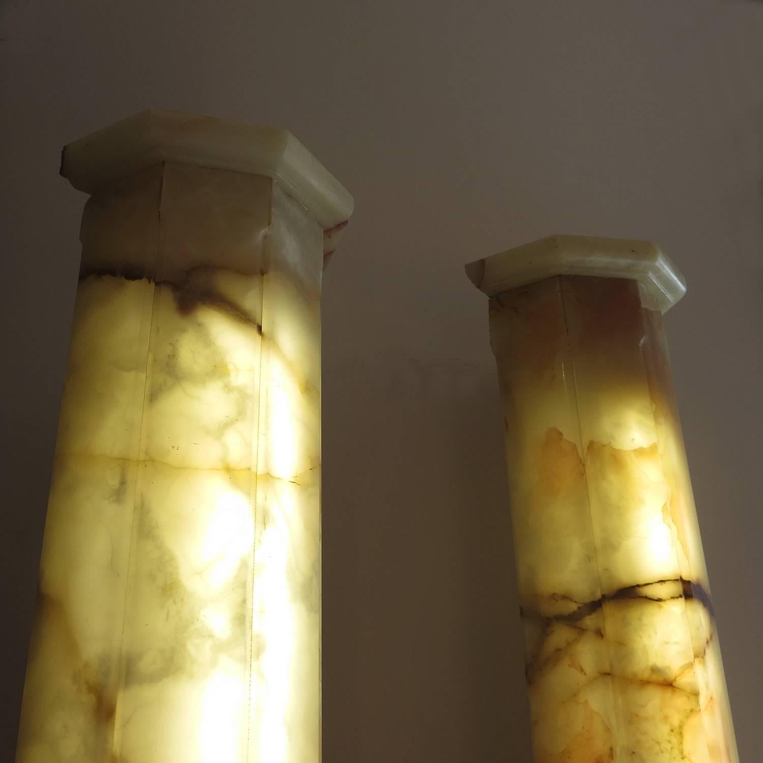 American Matched Pair of Lighted Onyx Column Lamps